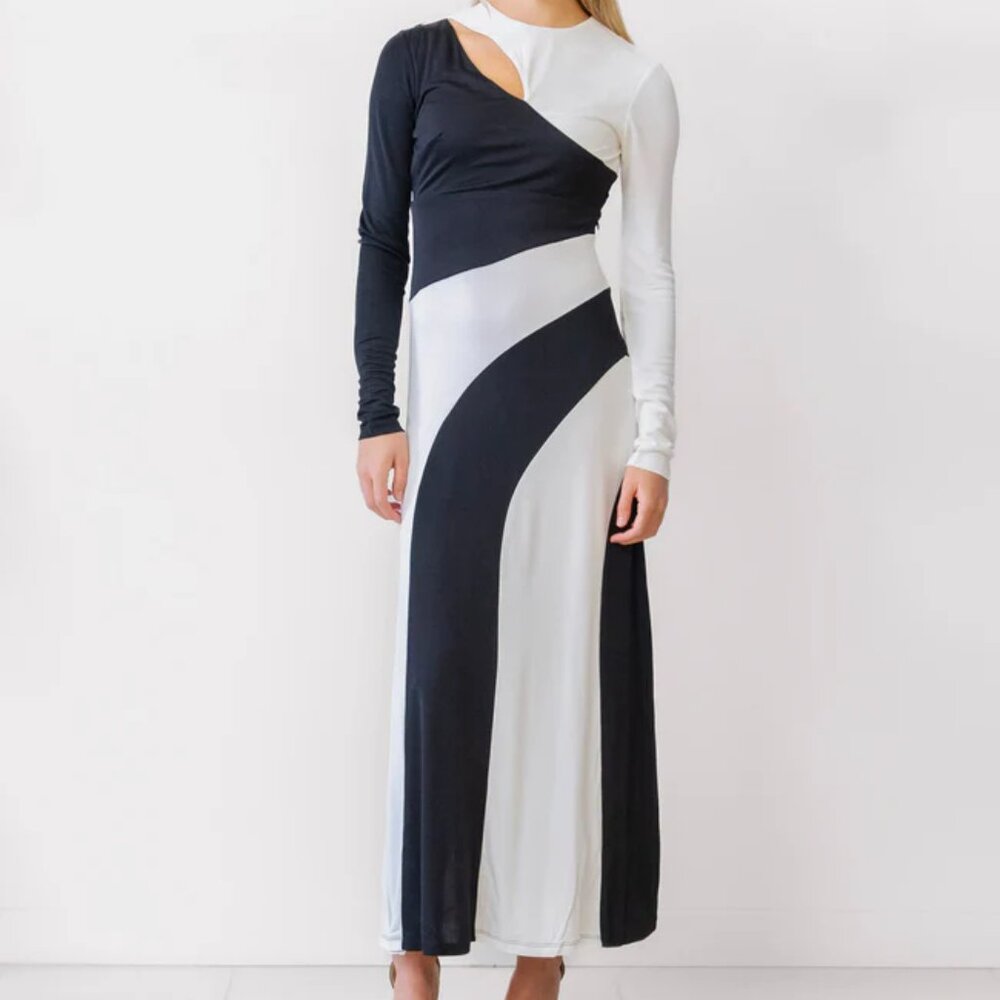FARM Rio Elegant Black And White Cut-Out Detail Long Sleeve Midi Maxi Dress M